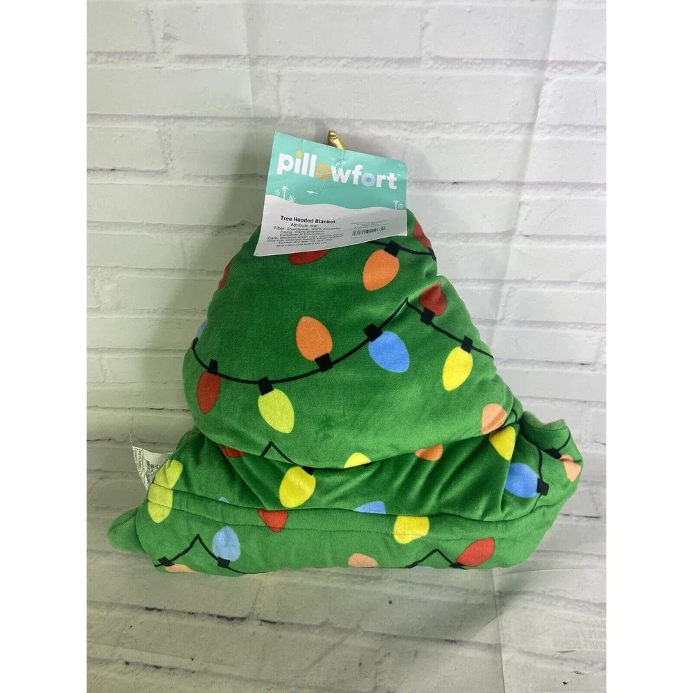 Pillowfort Christmas Tree Hooded Blanket Soft Plush Green Ornaments NEW